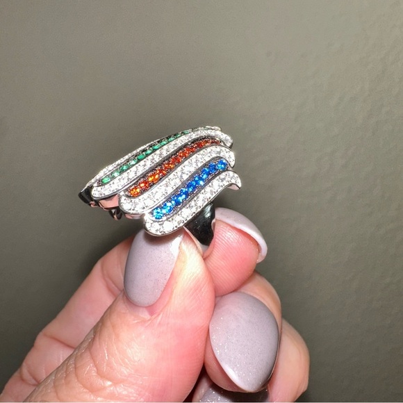 Patriotic Lab Ruby, Sapphire, Emerald, and Diamond Gemstone Wave Ring size 5 - Picture 3 of 5